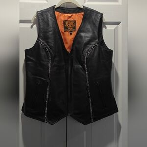 Harley-Davidson Black Leather Studded Vest with Orange Lining
